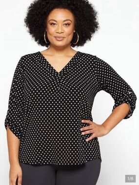 Beacon Patty Roll-Tab Knit Top - Black with White Polka Dots